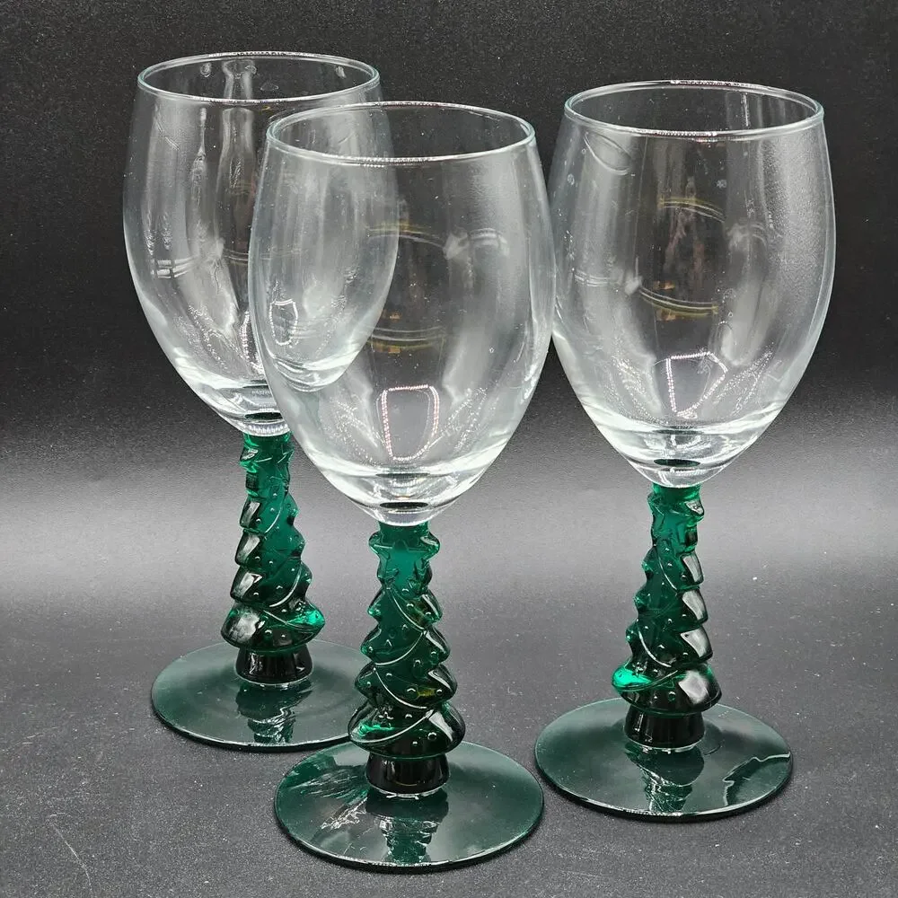 Holiday Libbey Christmas Tree Stemmed Wine Glasses Set 6